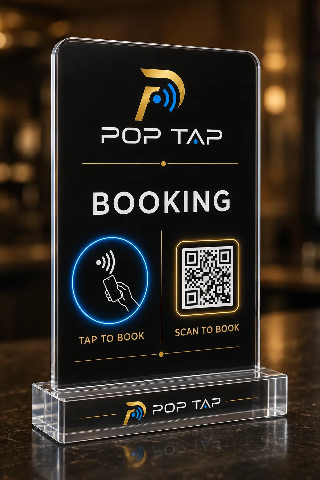 Clear POP TAP Booking NFC standee with tap and scan options