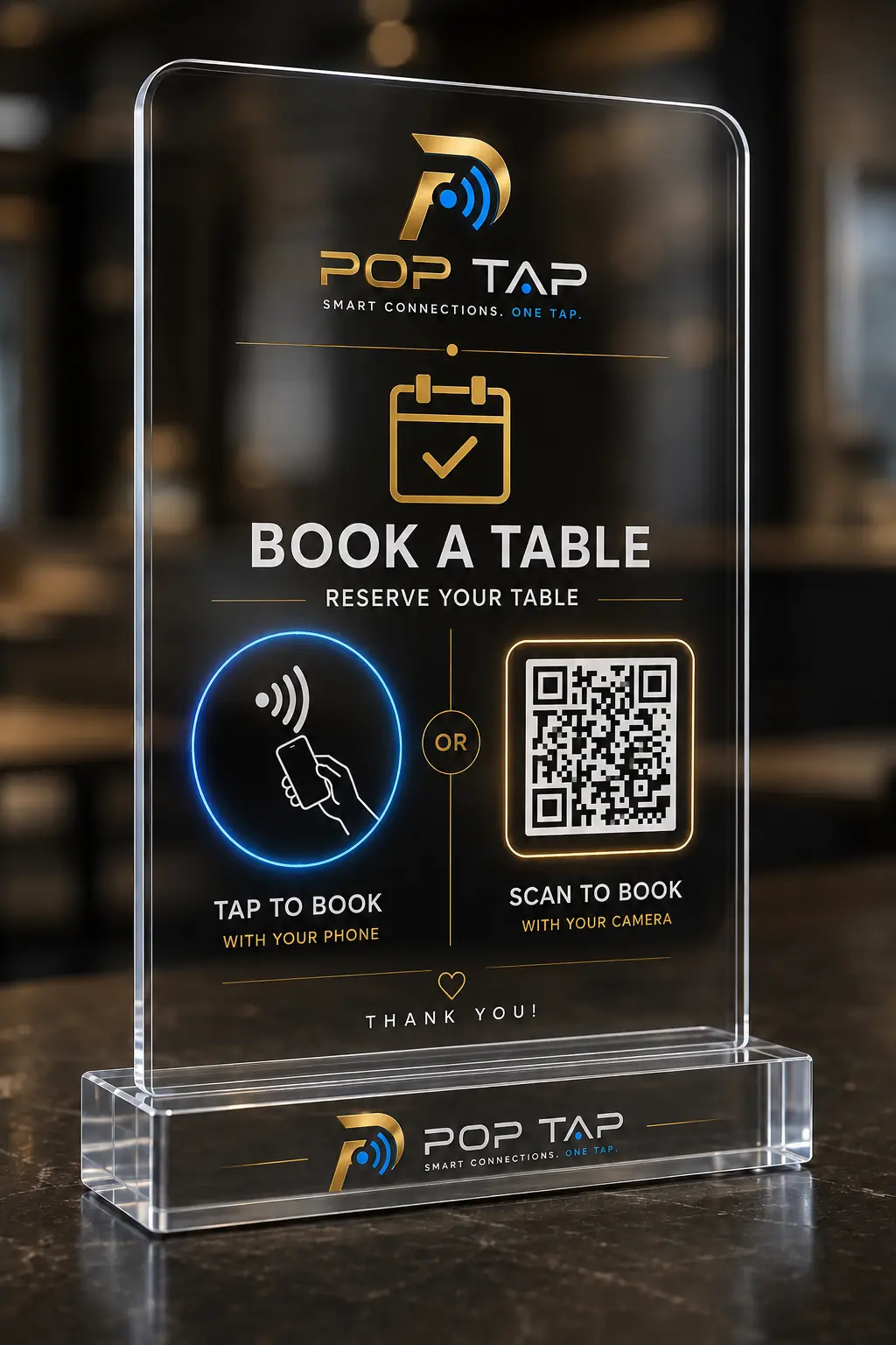 Clear POP TAP Booking NFC standee with tap and scan options