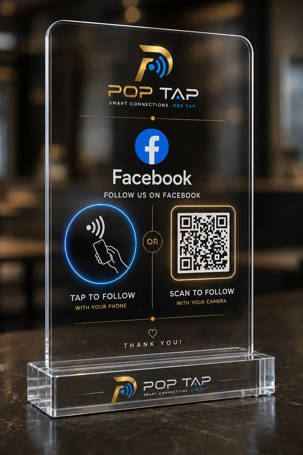 Clear acrylic POP TAP Facebook NFC standee with tap and scan options