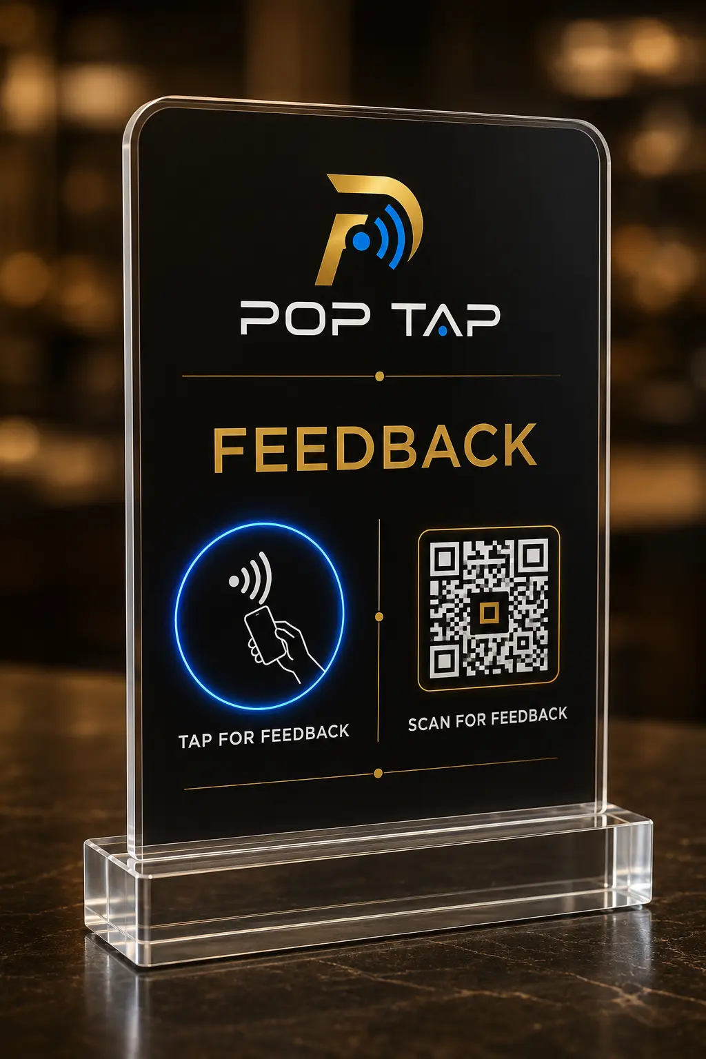 Clear POP TAP Feedback NFC standee with tap and scan options