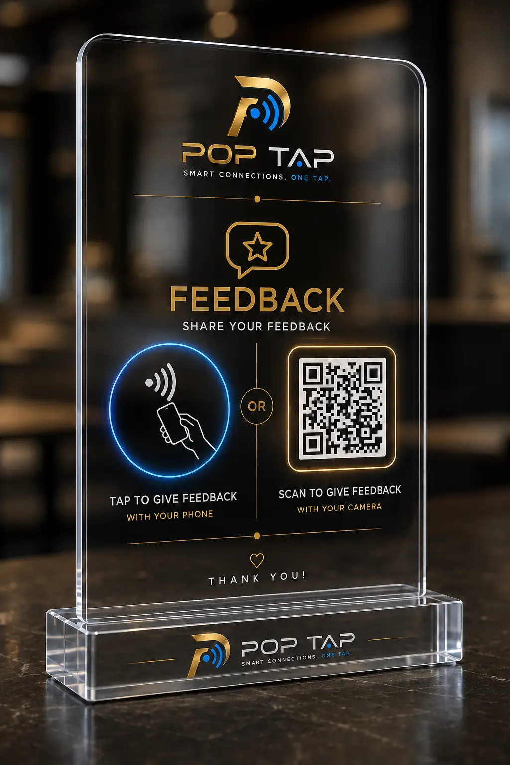 Clear POP TAP Feedback NFC standee with tap and scan options