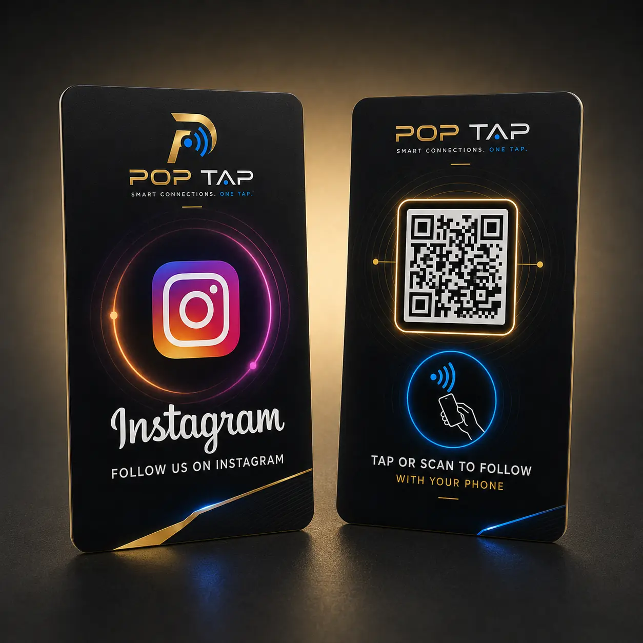 Black vertical POP TAP Instagram NFC card shown from the front and back