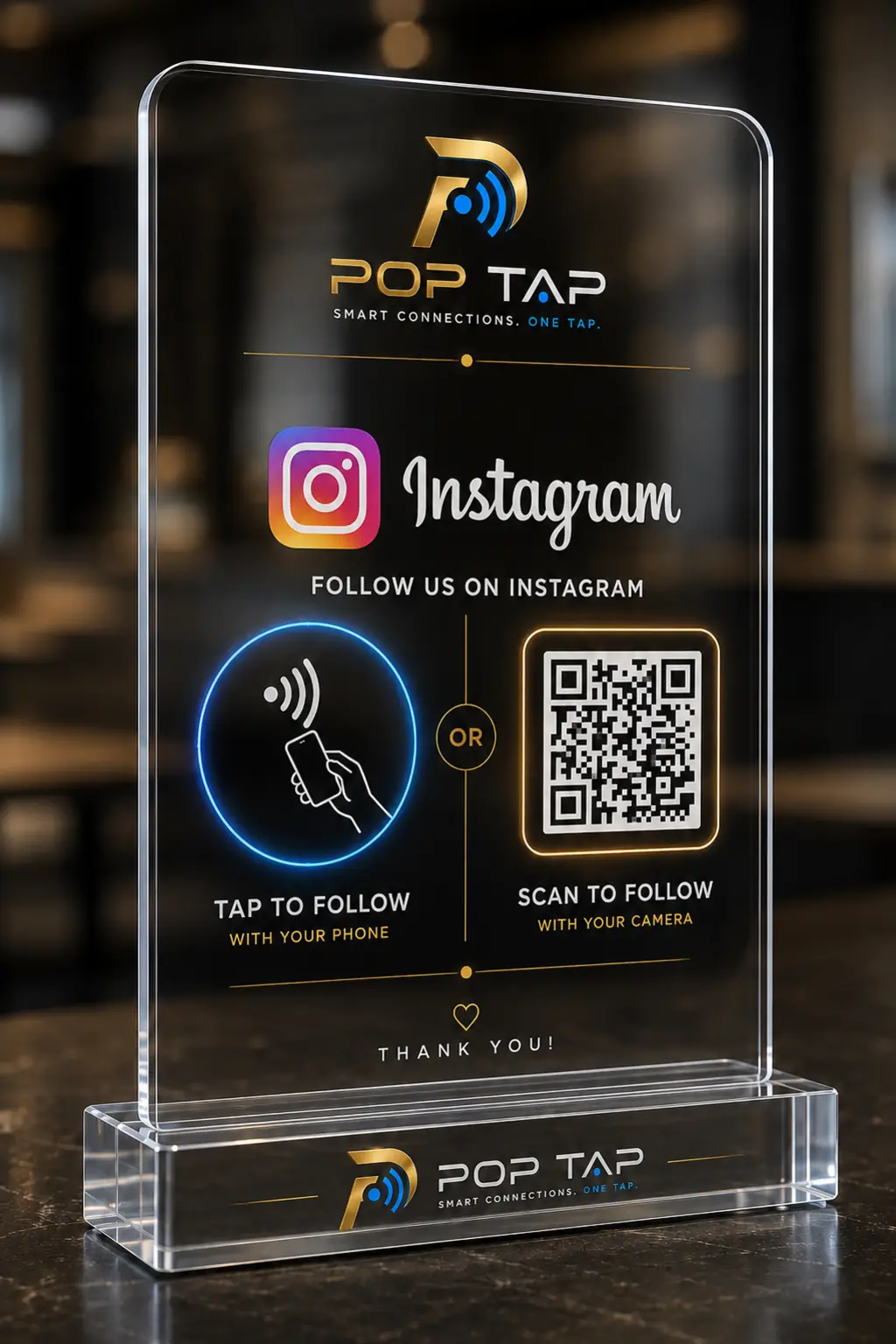 Clear POP TAP Social Connect NFC standee with Instagram tap and scan options