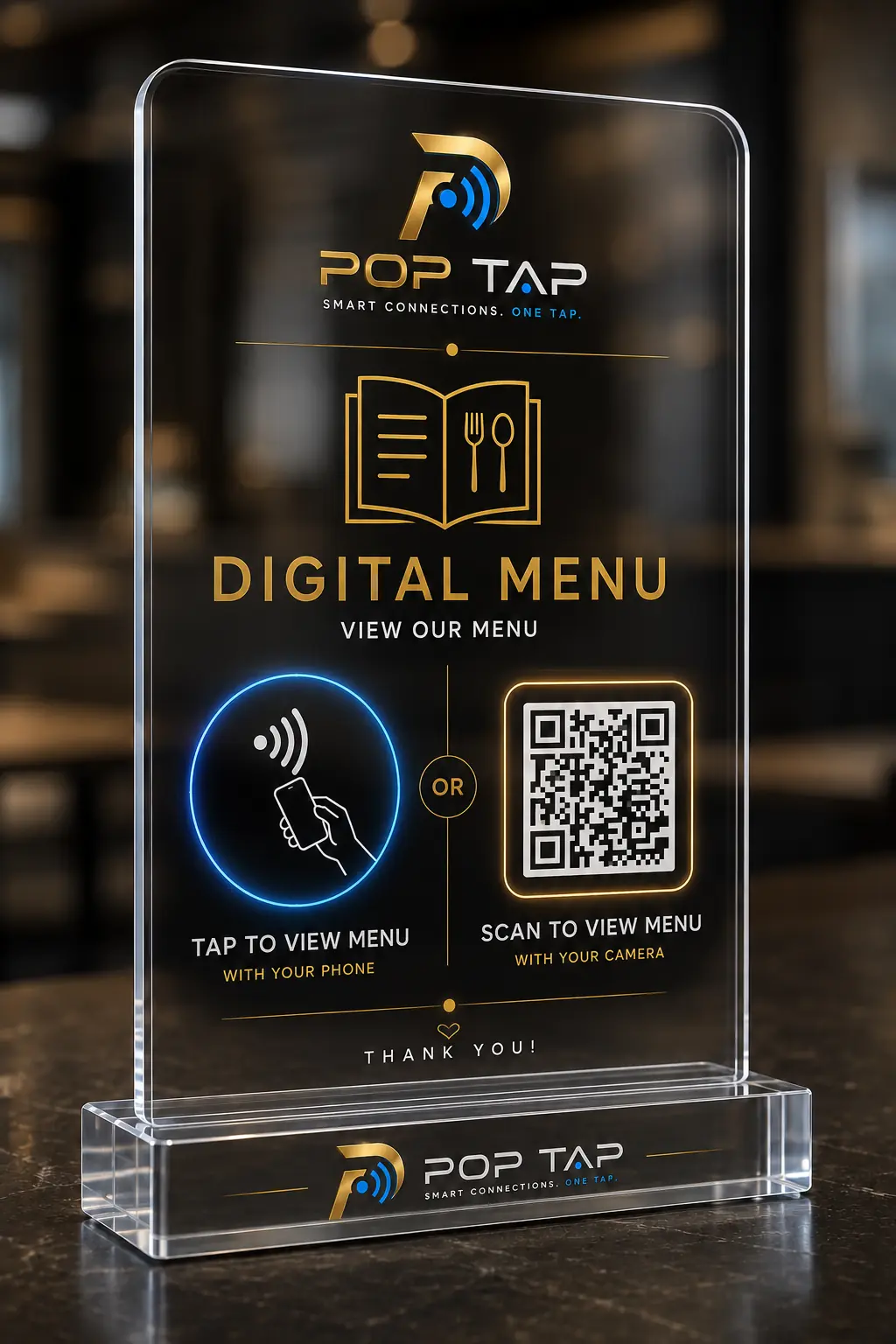 Clear acrylic POP TAP digital menu NFC standee with tap and scan-to-view options