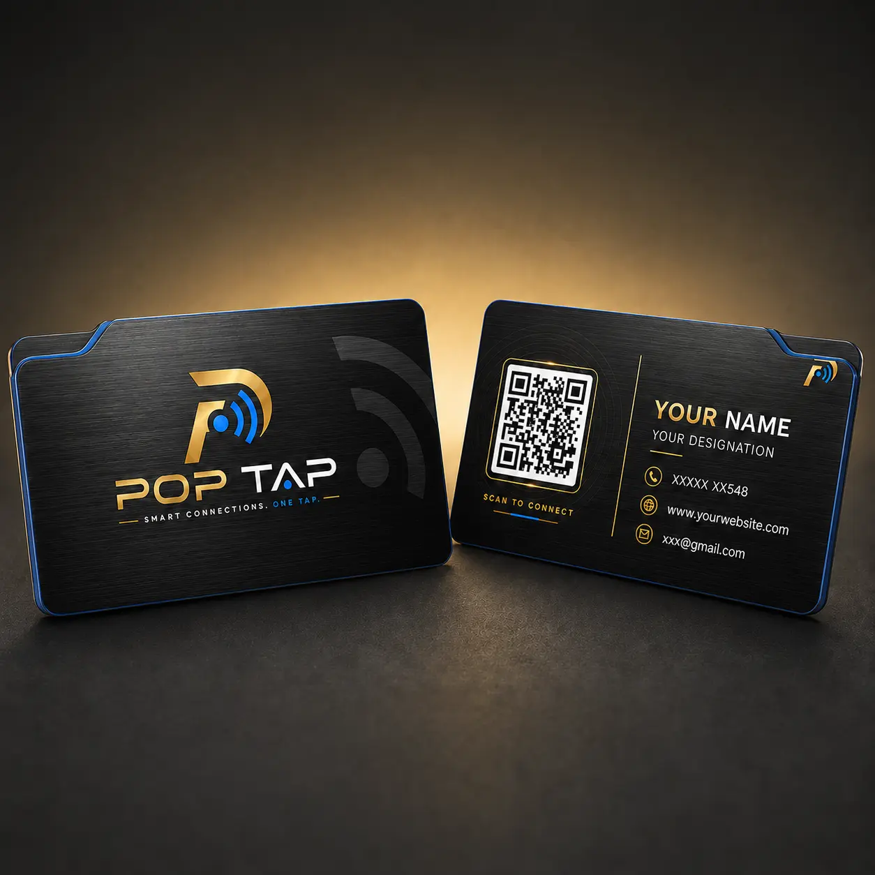 Black POP TAP metal hybrid NFC business card shown from the front and back