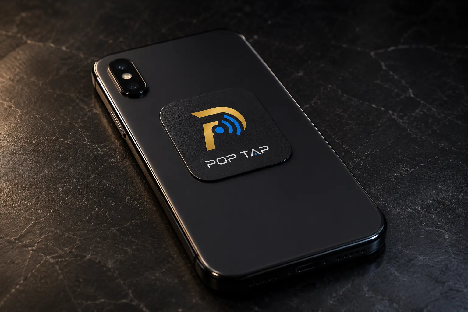 POP TAP NFC tap tag attached to an unbranded black smartphone