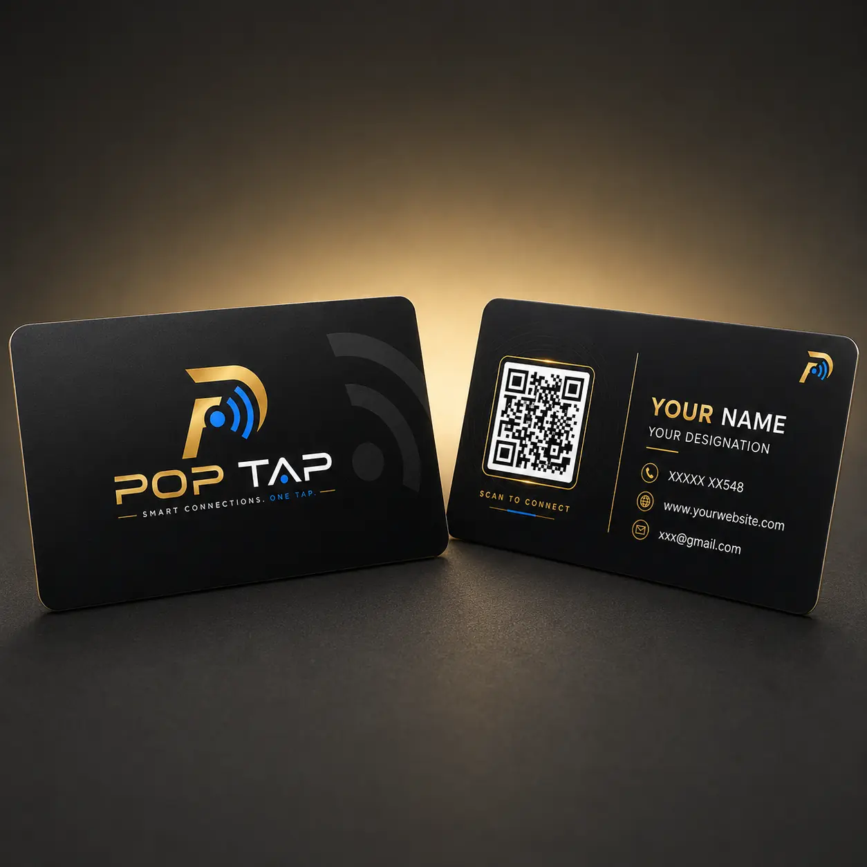 Black POP TAP NFC PVC business card shown from the front and back