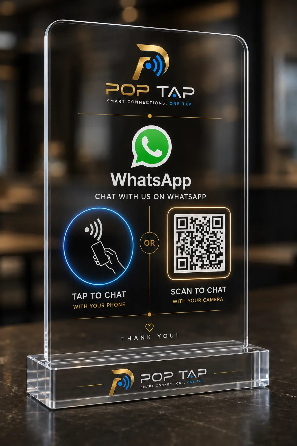 Clear acrylic POP TAP WhatsApp NFC standee with tap and scan-to-chat options