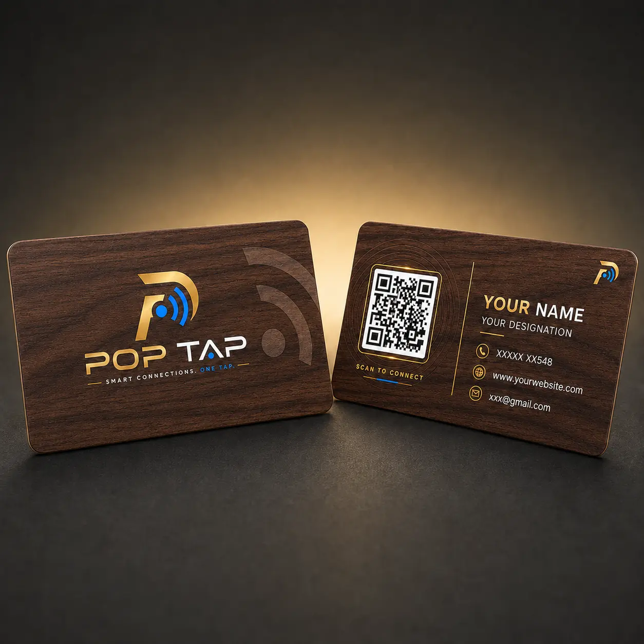 Natural wood POP TAP NFC business card shown from the front and back